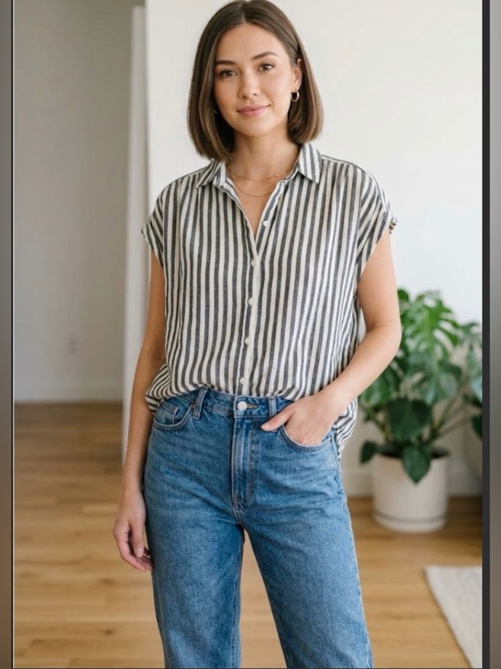 Ripe Maternity Striped Button Down Shirt-M Gray/ White - MSRP $96